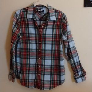 Festive Christmas Plaid flannel chilled blue button down Lands End